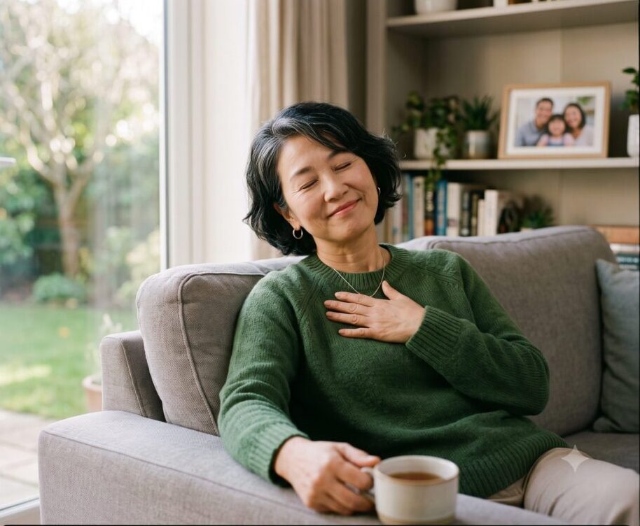 ソファでお茶を手に、胸に手を当ててホッとした表情の女性