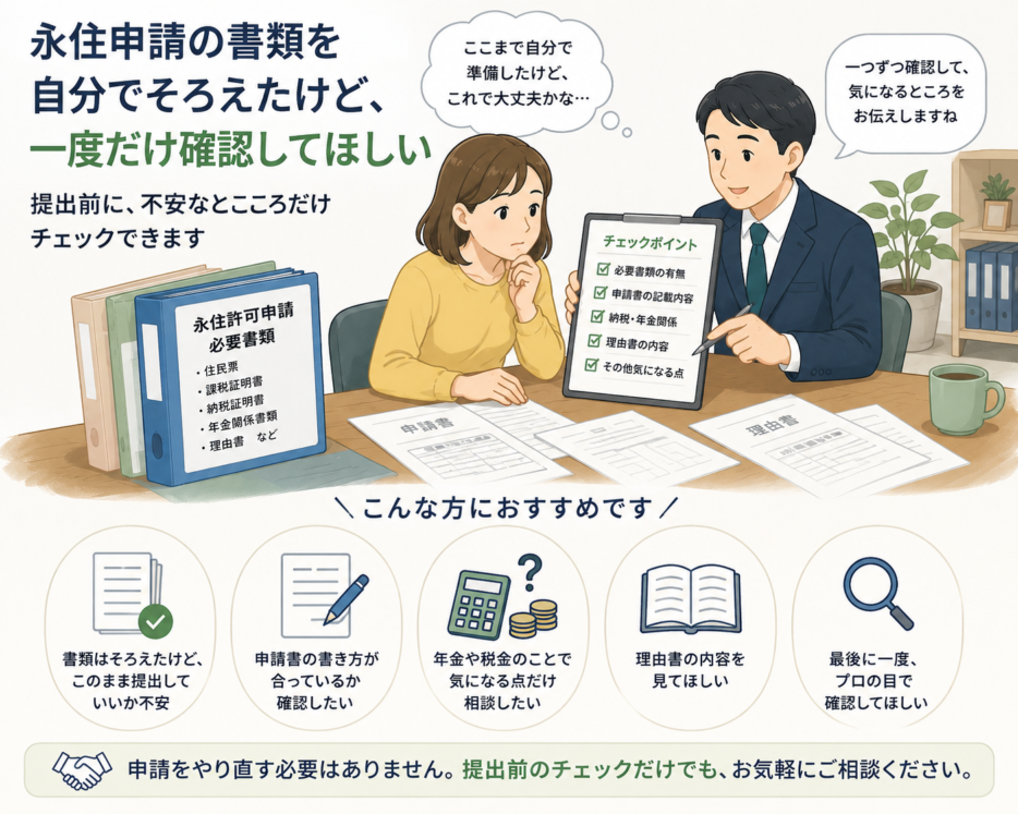永住申請の書類を自分でそろえた人が、提出前に気になる部分だけを行政書士と確認している場面