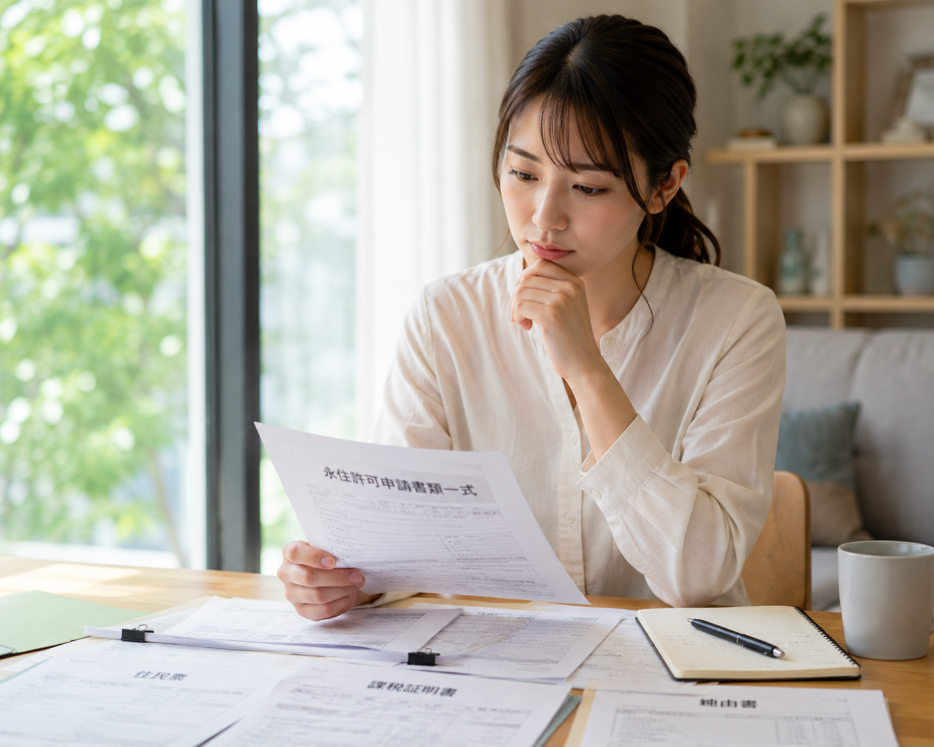 永住許可申請の書類を一通りそろえた後、提出してよいか考えている女性