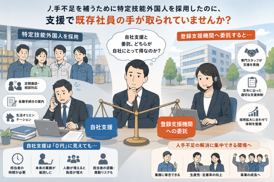 自社支援と登録支援機関への委託を比較して悩む企業担当者のイメージ