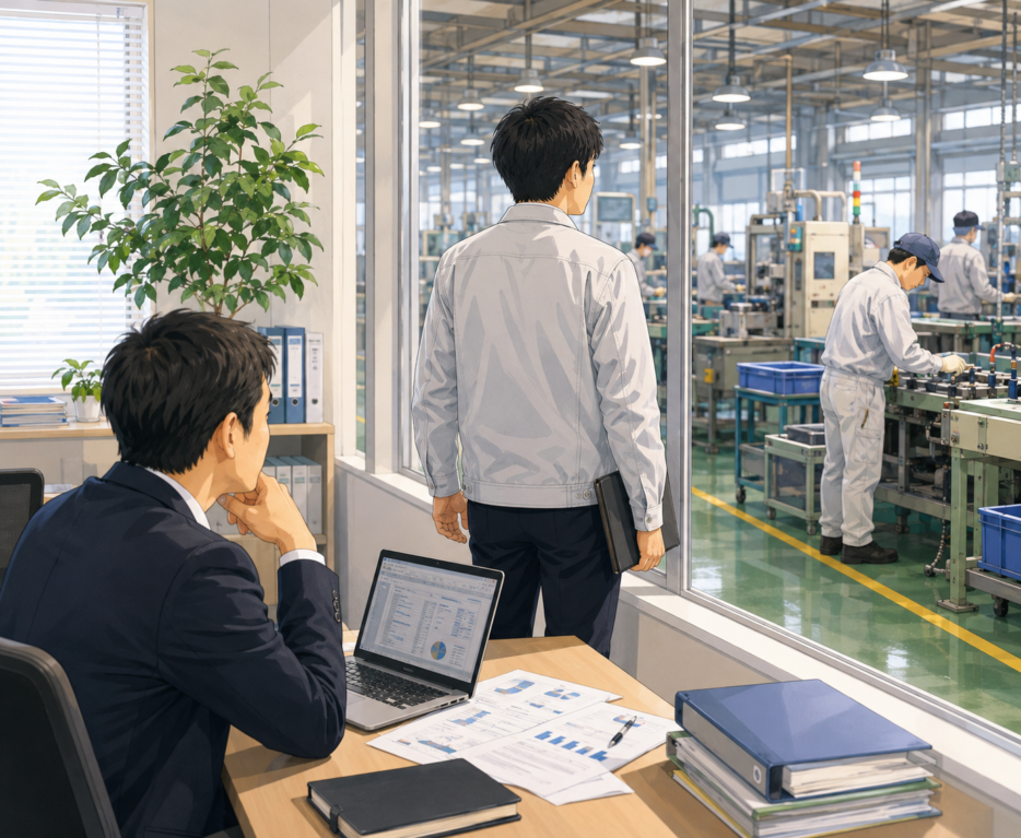 事務所から製造ラインの現場を見ながら外国人社員の業務内容を検討する企業の担当者