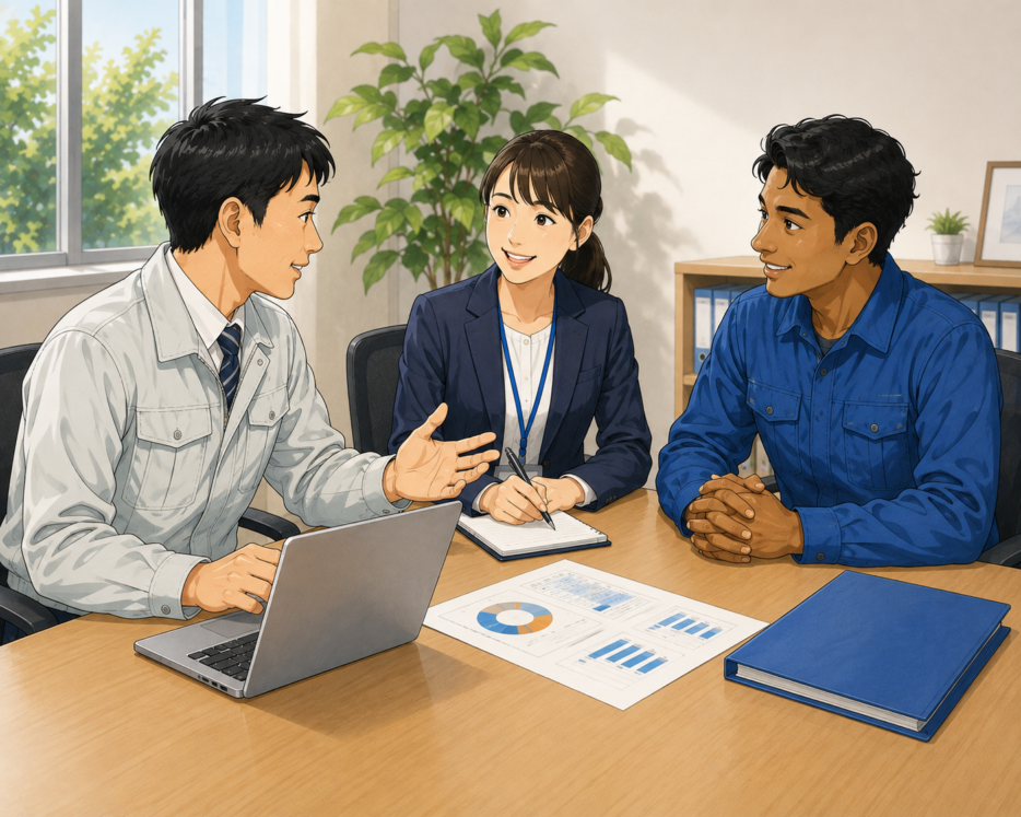 受入れ企業の担当者と支援担当者が特定技能外国人を交えて支援体制を話し合っている様子