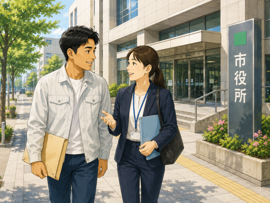 特定技能外国人の公的手続に同行するため市役所へ向かう支援担当者