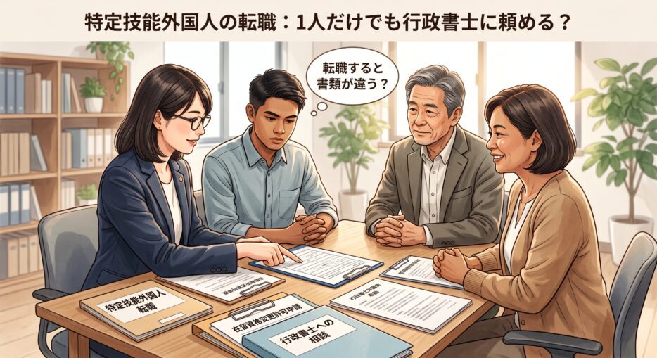 転職する特定技能外国人と受入れ企業、行政書士が書類を確認しているイラスト