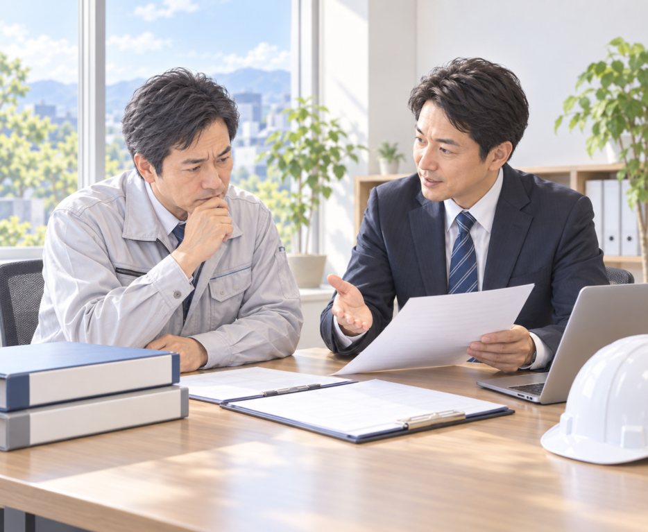 建設業許可の更新について行政書士から書類の説明を受ける建設業者