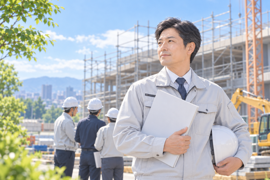 書類とヘルメットを手に建設現場に立つ建設業者