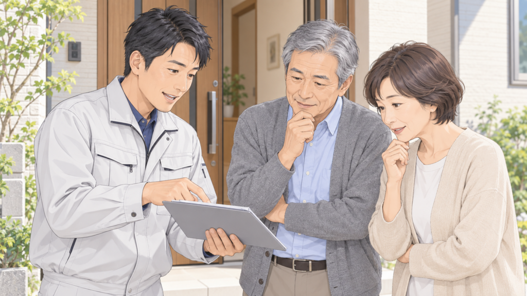 住宅の前でリフォーム業者が施主の夫婦に見積書を見せて説明している様子