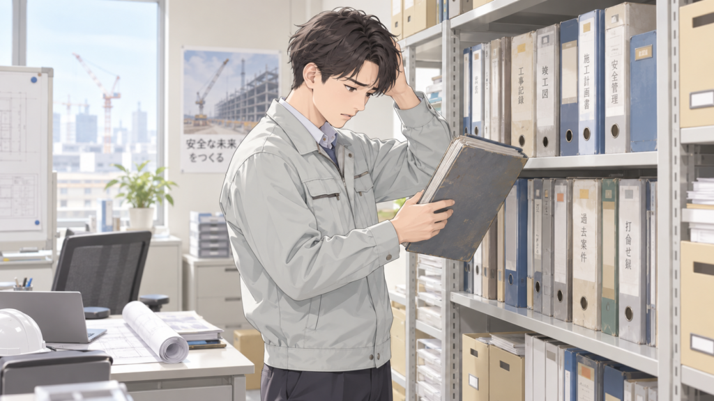 事務所の棚から古いファイルを取り出して工事の記録を探す建設会社の社員