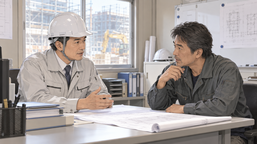 建設現場の事務所で元請と下請の担当者が打ち合わせをしている様子