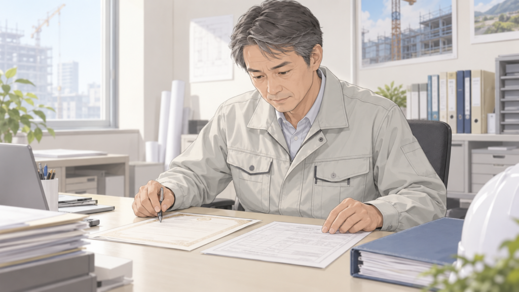 工事の書類を確認する建設会社の管理者