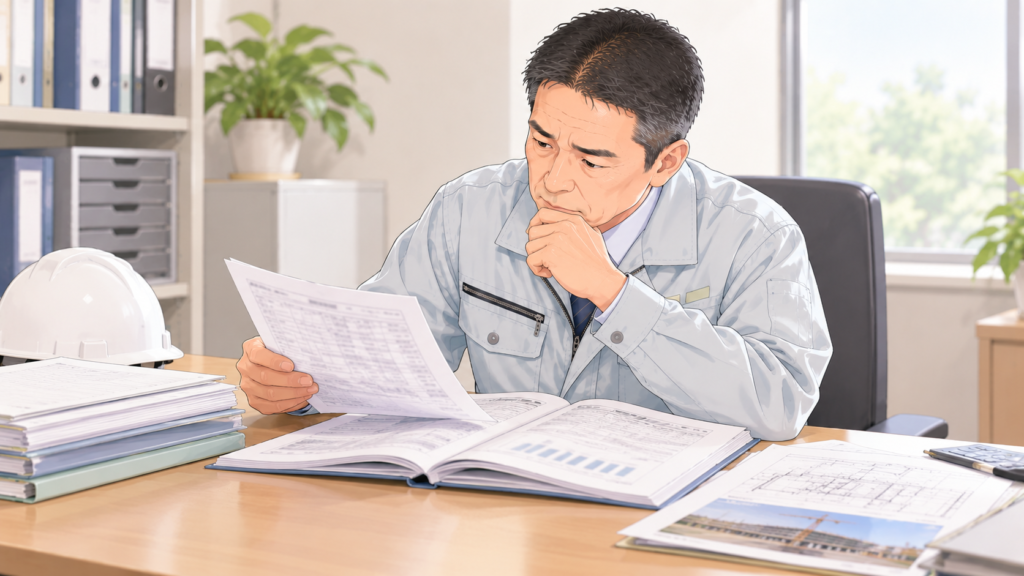 事務所の机で決算書と工事の書類を確認する建設会社の社長