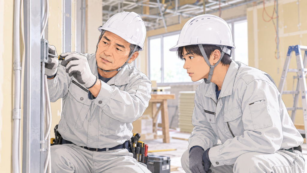 電気工事の現場でベテランの職人が若い職人に作業を教えている様子
