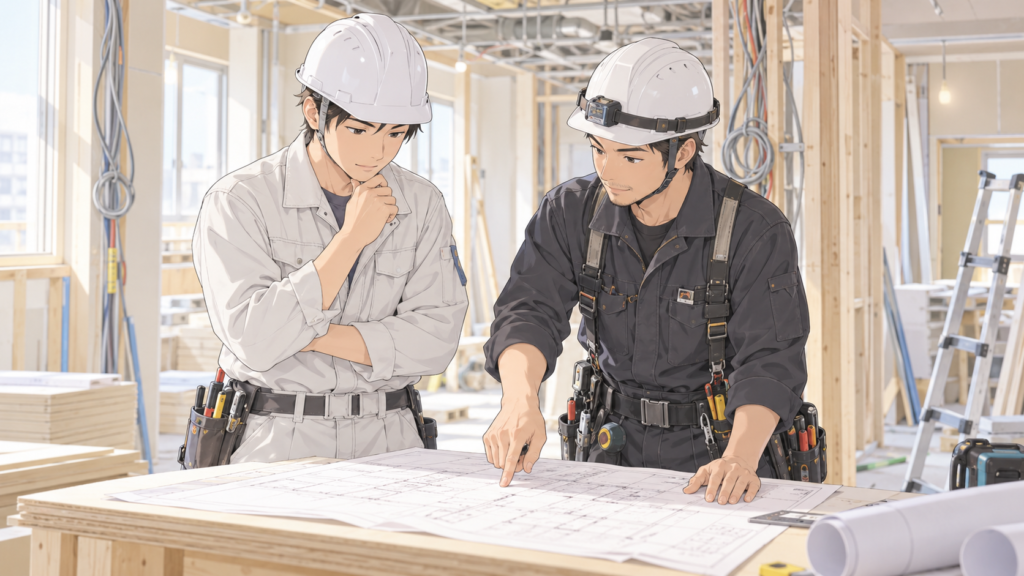 設計図を広げて工事の内容を確認する建設現場の二人